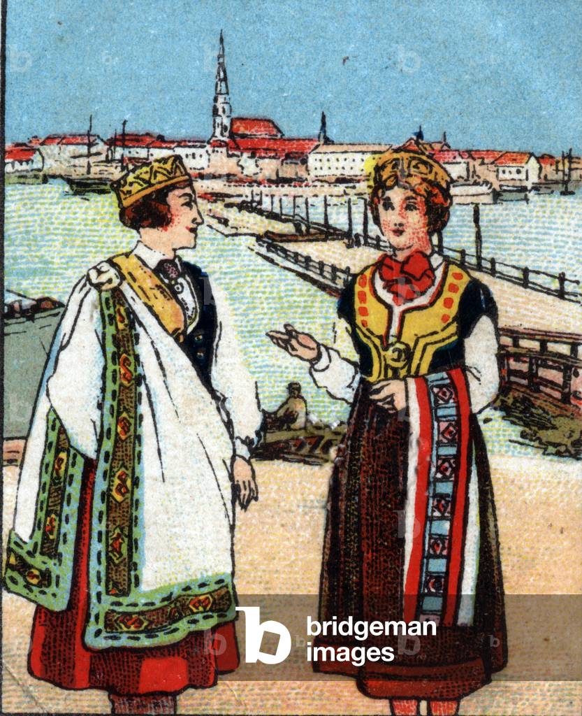 View of the city of Riga in Latvia with traditional women's costume, 1936 (chromo)