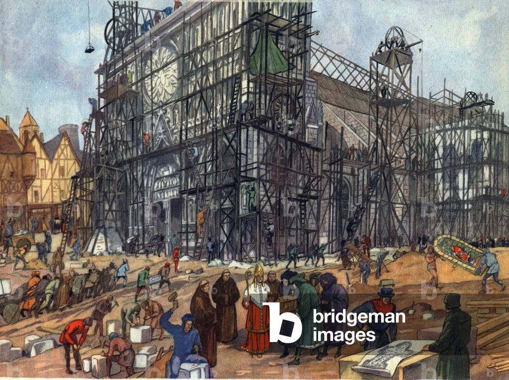 Construction of a cathedral in the Middle Ages (print)