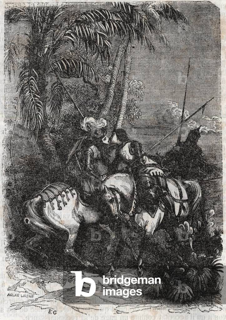 Meeting of Marphise (Marfisa), Astolphe (Astolfo) and Sansonnet (Sansonetto) - engraving of 1851 from “” Roland furieux” (Orlando furioso) (16th century) by Ludovico Ariosto, known as the Ariosta - Edition translated from Italian by the Count of Tressan and published by Gustave Harvard 1851