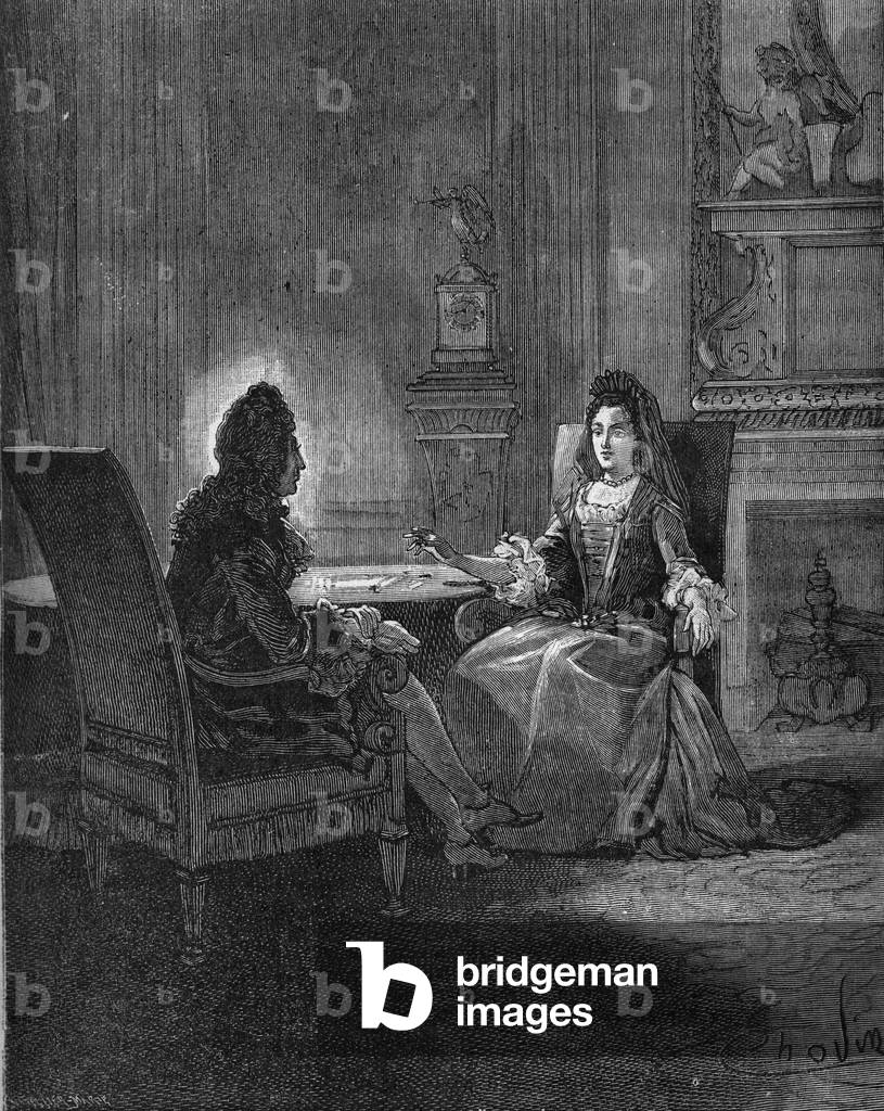 King Louis XIV (1638-1715) talking with his future wife, Madame de Maintenon (Francoise d'Aubigne, Marquise de Maintenon) (1635-1716). Engraving of the 19th century. In “Histoire de France” by Jules Michelet, 1870.