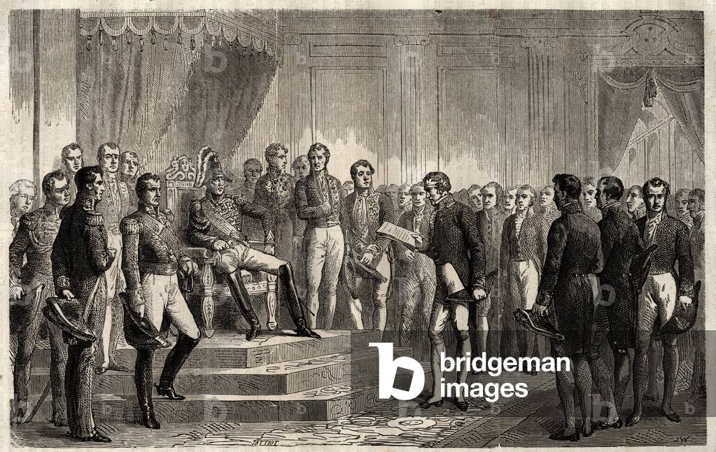 Liberal statesman Roy- Collard presents the Address du 221 (engraving)