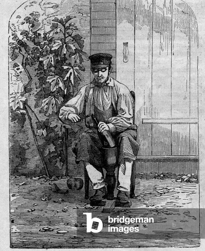 The bottling of Champagne wine. Engraving from 1864.