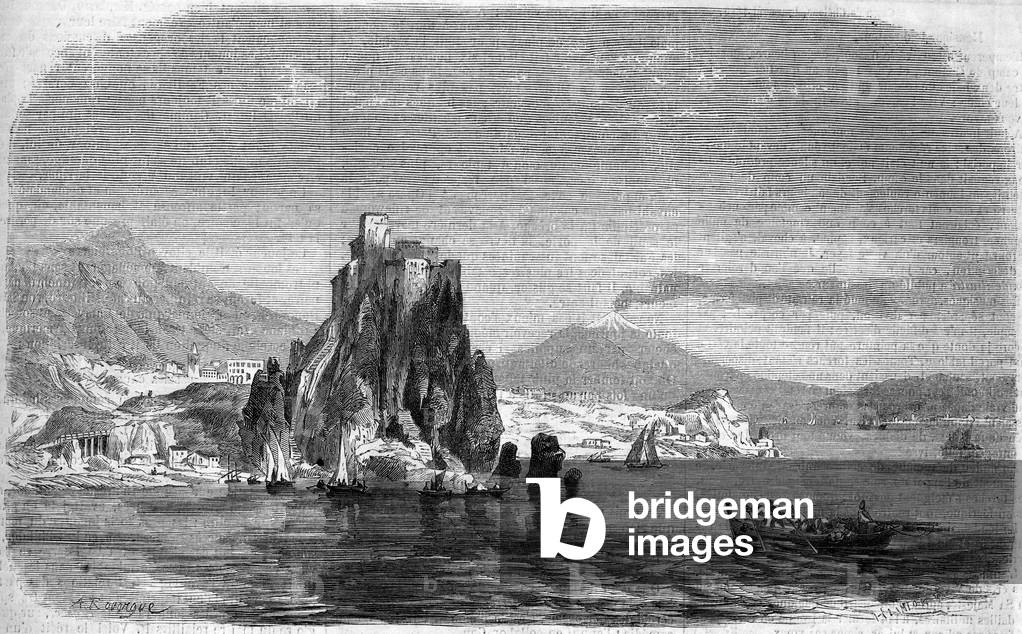 View of the rocks of “” Charybde”” and “” Scylla”” in the Detroit of Messina, Sicily, 1860. Engraving in “” Le Monde Illustré”” n°175 of 18 August 1860.