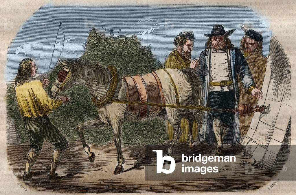 Experience of Otto von Guericke (Otto de Guericke, 1602-1686) with the hemispheres of Magdeburg on the pressure of atmospheric air (emptying in the hemispheres that a horse cannot detach from each other). in “” The Musee Des Sciences”””