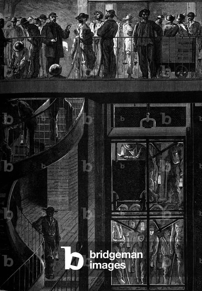 Minors descending into the cage. Engraving in “Le journal de la jeunesse””, 1885.