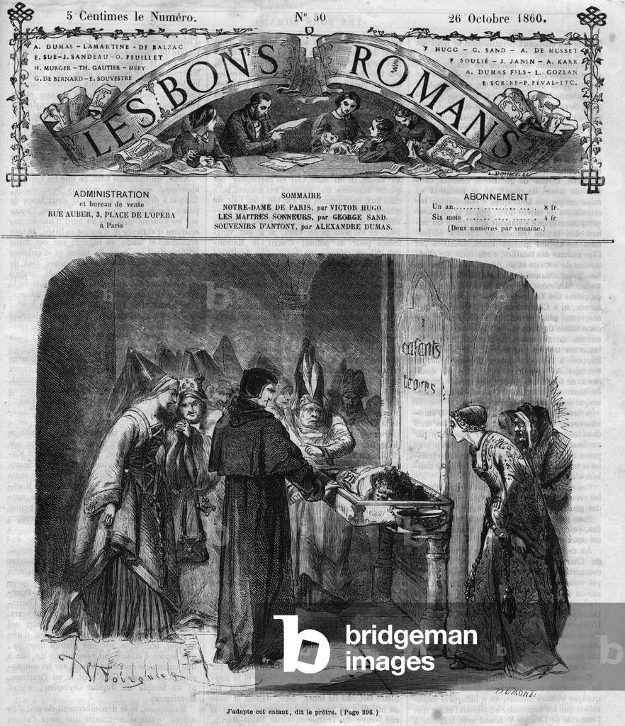 Novel series: “Notre Dame de Paris” by Victor Hugo (1802-1885). The priest decides to adopt Quasimodo. Engraving in “” Les bons romances””, 1860. Private collection.