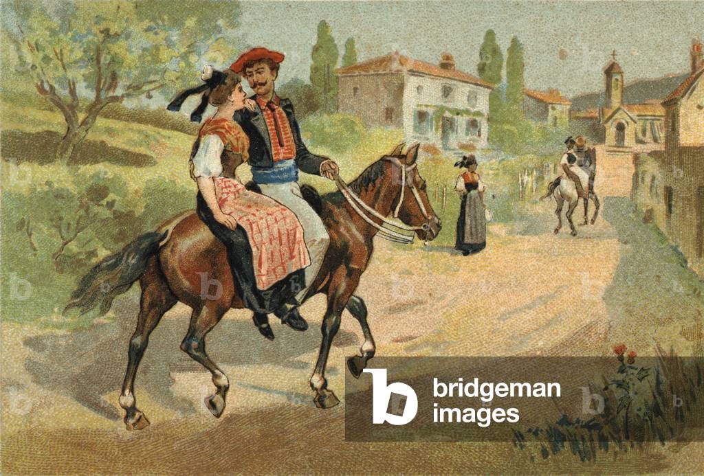 Old custom celebrated in the Provence region: the assembly of the Camarguais. Chromolithography of the late 19th century.