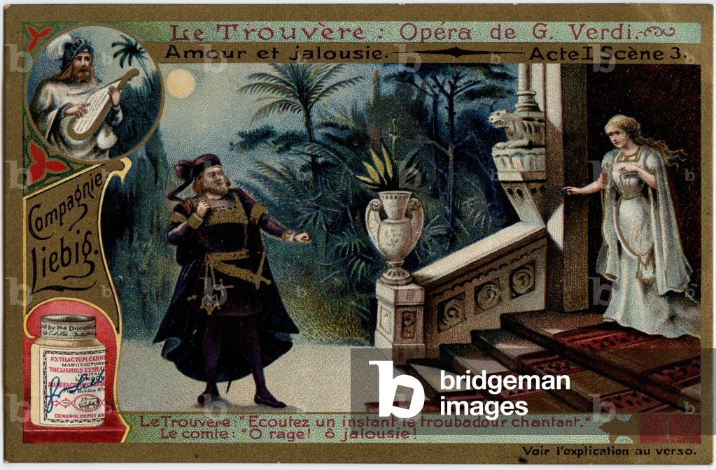 Love and Jealousy Act I Scene 3. Illustration for the opera “” The find”” (Il trovatore) by Giuseppe Verdi (1813-1901). Chromolithography (Chromo) Liebig from the end of the 19th century.