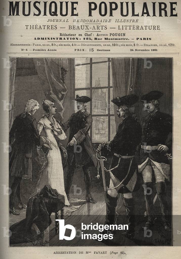 Arrest of Madame Favart Marie Justine Benoite Duronceray, dit Madame Favart (1727-1772), French comedian and singer, victim of advances by Maurice of Saxony (1696-1750), was arrested by him, and held in the convent of the Penitentes under the greatest secrecy. It was liberated by the death of the Marechal in 1750.
