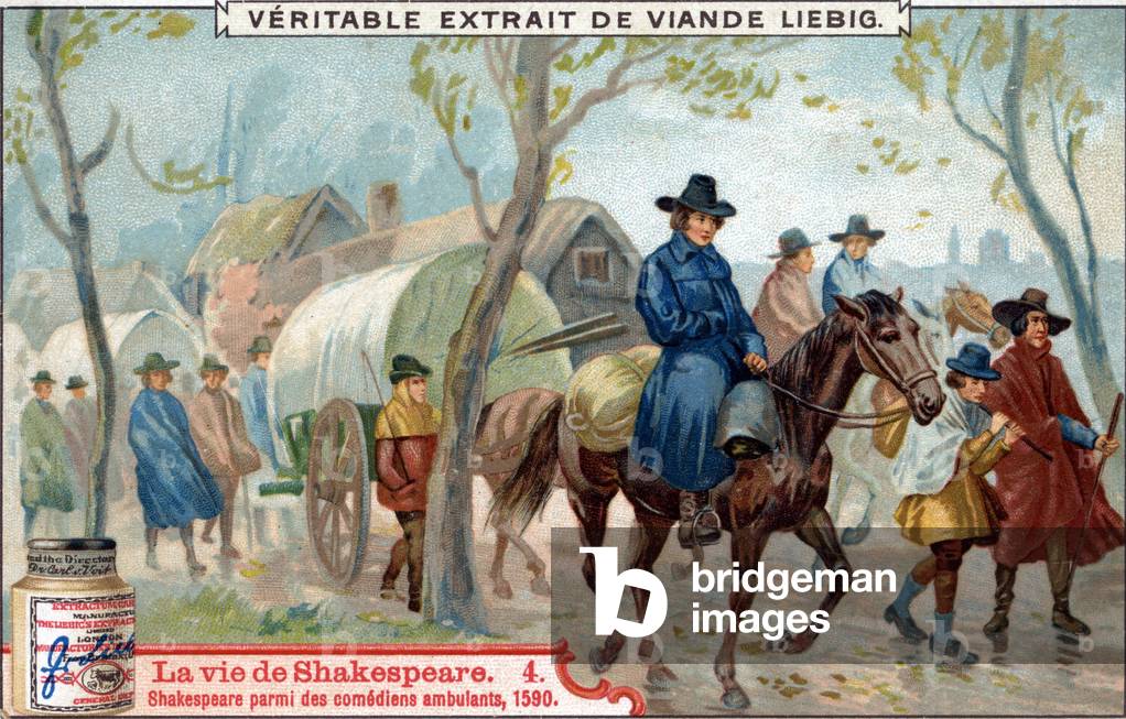 Life of Shakespeare: Shakespeare among walking actors, 1590. Chromolithography, Liebig image.