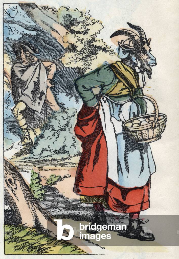 The wolf is looking for the goat leaving his home. Illustration of the tale “Compere le Loup, Maitre Renard, Comere la Chevre et ses petits biquets”” after a fable by Jean de la Fontaine. In “” Tales from the home for the little ones””. Anonymous engraving of the 19th century.