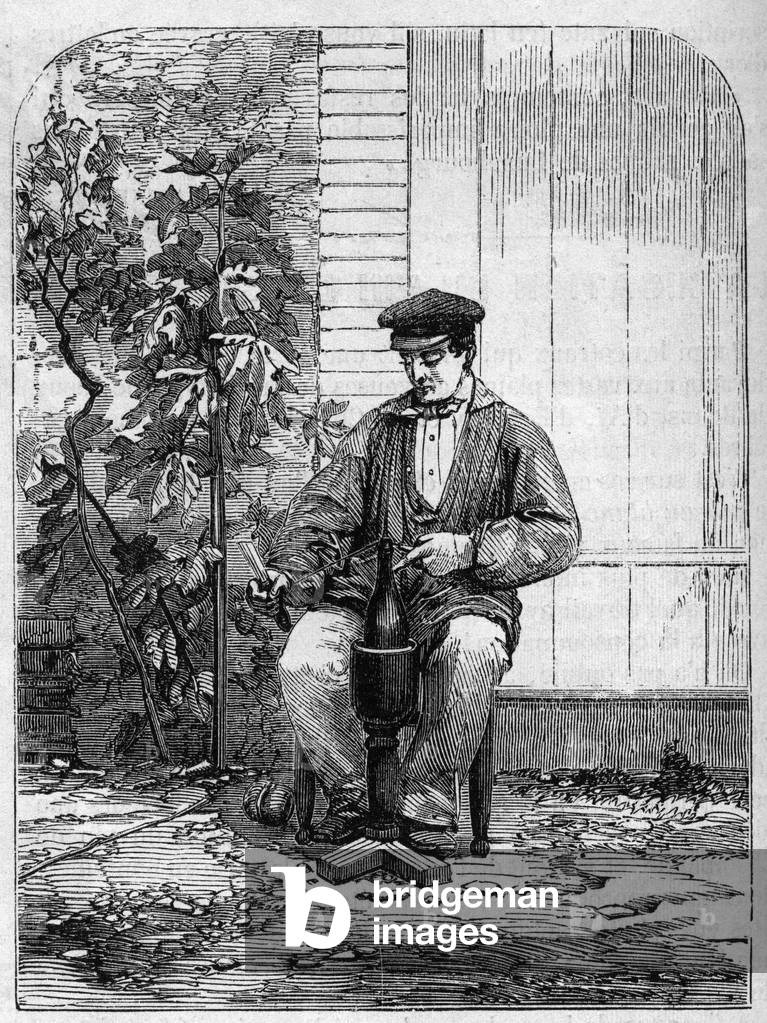 The bottling of Champagne wine. Engraving from 1864.