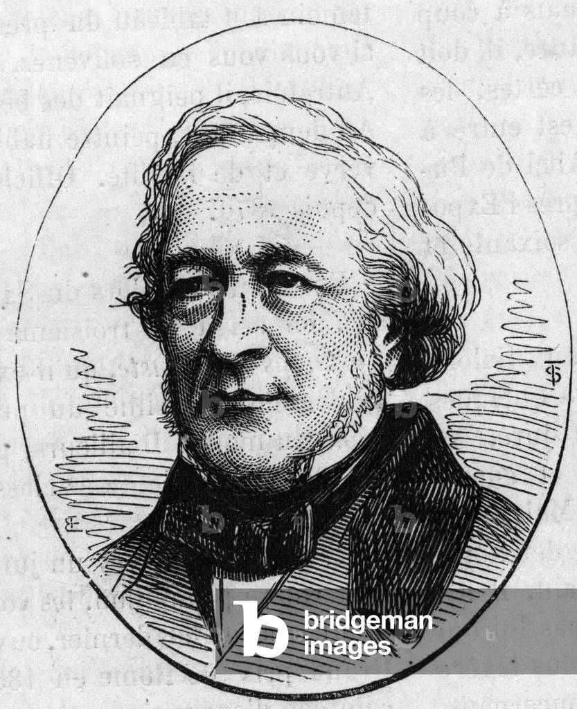 Portrait of Louis Pierre Henriquel Dupont (Henriquel@-Dupont, 1797-1892), French engraver and cartoonist. Engraving in “” Le Monde Illustré”” n°890 of 2 May 1874.