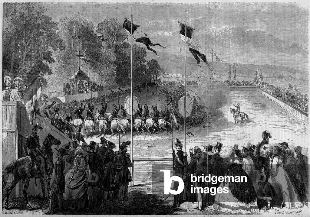 Military carousel executed by the students of Saint Cyr (Saint-Cyr). Morbihan (56), 31 August 1861.Engraving in “” Le Monde Illustré”” n°230 of 7 September 1861.