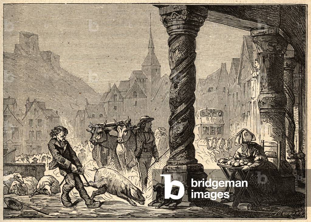 La grande Rue un jour de marche à Dol de Bretagne - engraving in “” PATRIE”” - DESCRIPTION PECTURESSE DE LA FRANCE EN 6 VOLUES BY LUCIEN HUARD - end 19th century