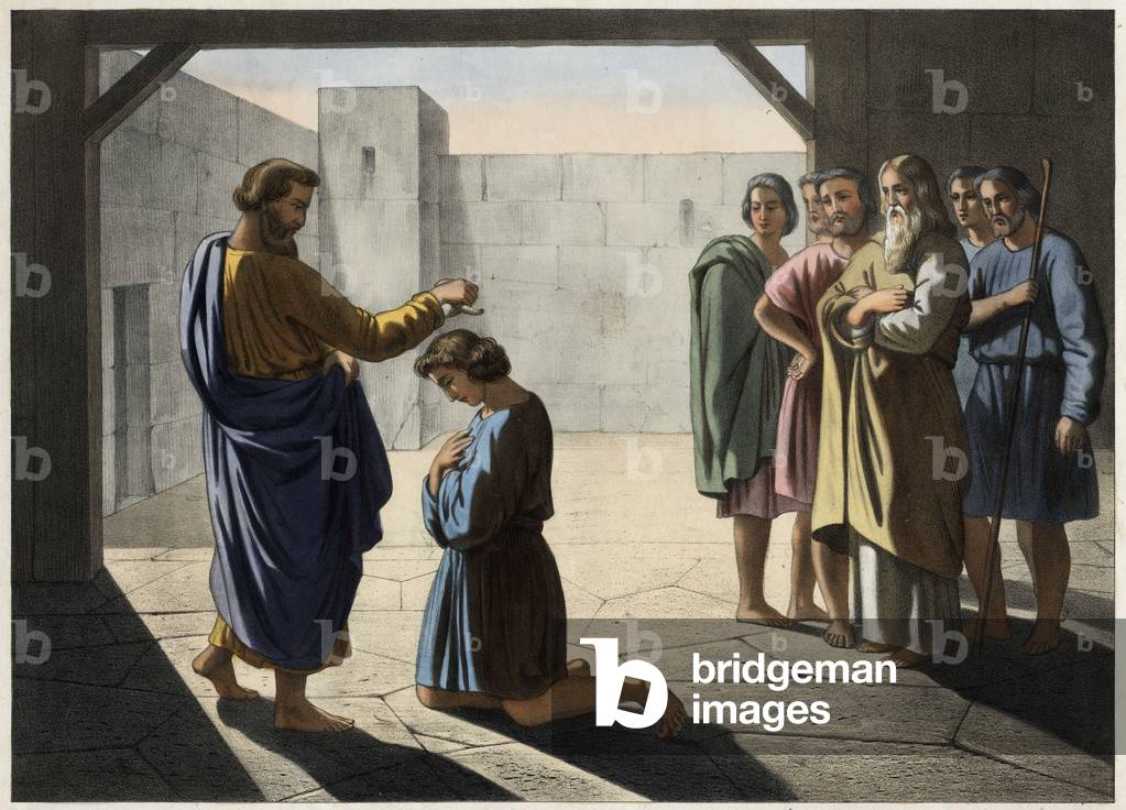 The coronation of David: Samuel designates David as king of Israel. Anonymous engraving of the 19th century.