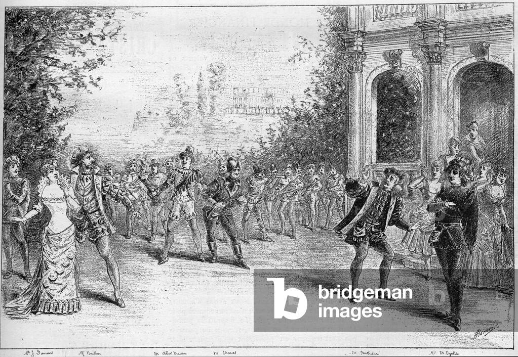Piece of theatre “” L'oiseau Bleu””, opera comique by Lecoq and lyrics by Henri Chivot (1839 -1897) and Alfred Duru represents at the theatre of newcomers. Engraving in “” Le Monde Illustré””, 1884. Private Collection