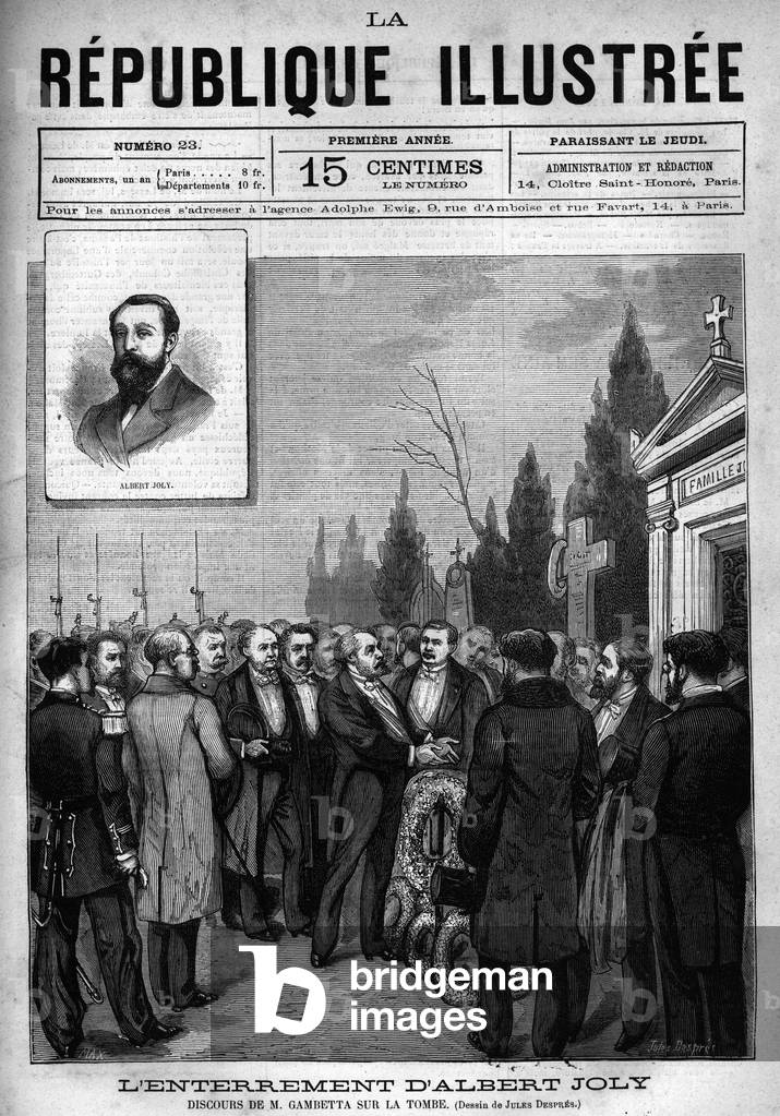 Speech by Leon Gambetta (1838-1882) at the burial of depute Albert Joly (1844-1880) at the cemetery of Versailles. A newspaper. Engraving from 1880 in “La republique illustree”” private collection.
