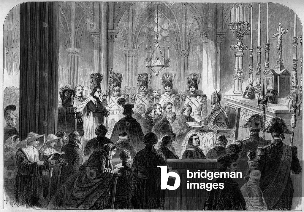 Religious Ceremony, 1858: installation of the Archeveque of Paris (Francois Nicolas Madeleine Morlot, 1795-1862) as primicier of the imperial chapter of Saint Denis by the Pope's nuncio. Drawing by Janet, based on a sketch by Mr. Moulin. Engraving by Linton in “” The Illustrous World”” n°86 of 11 December 1858.