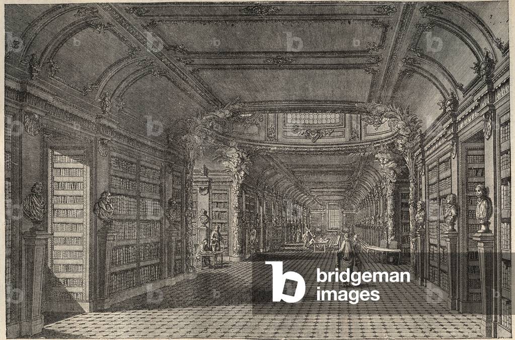 Interior of the ancient library of Saint Genevieve (Sainte Genevieve) in the 18th century-