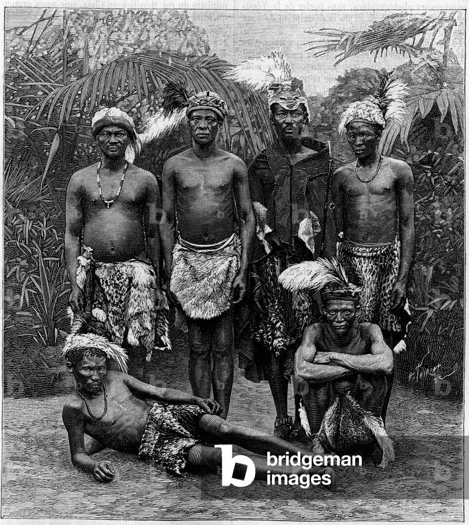 Human Zoo: group of men Hottentots (Southern Africa) exhibes at the Jardin d'Acclimatation in Paris. (From a photograph). Engraving in “” La Nature: revue des sciences et de leurs applications aux arts et a l'industrie”” of 11 August 1888.