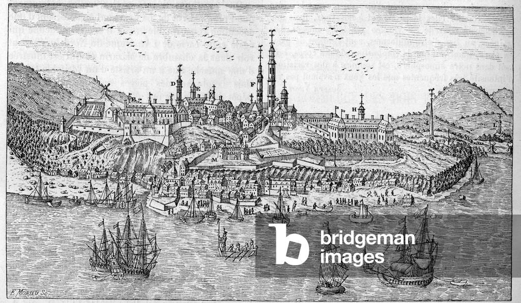 View of Quebec City in Canada (late 17th century): A. Jardin du fort. B. The fort. C. Powder store. D. Les Recollets. E. Ursulines. F. The Jesuites. G. The cathedrale. H. The seminar. I. Hotel Dieu. L. General Hospital. Mr. L'Eveche. N. Our Lady of Victories. (From a handwritten map of the Marine Depot). Engraving in “” La Nature: revue des sciences et de leurs applications aux arts et a l'industrie”” of 3 September 1892.