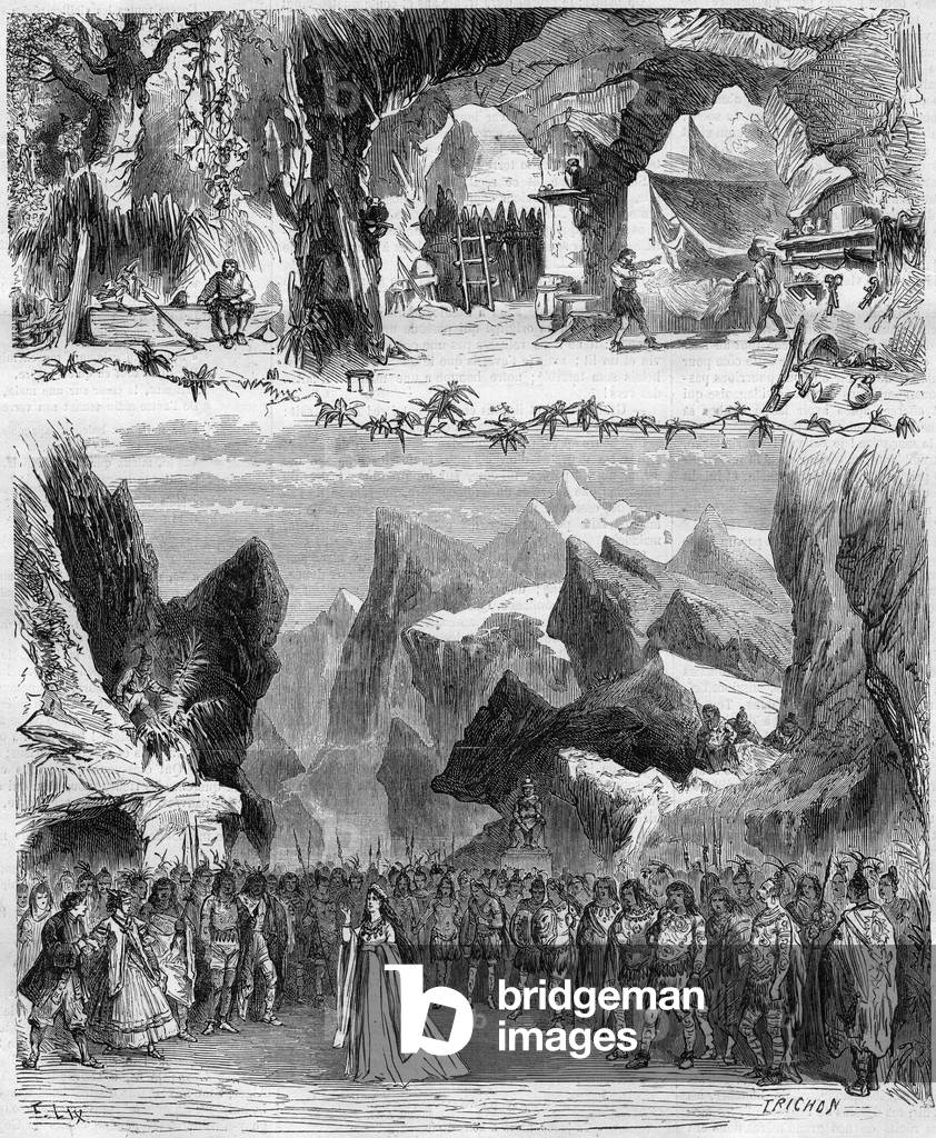 Comic opera “Robinson Crusoe” by Eugene Cormon (Pierre Etienne Piestre, 1811-1903) and Hector Cremieux (1828-1892). Music by Jacques Offenbach (1819-1880). Opera created at the Opera-Comique de Paris on November 23, 1867. Engraving in “The Illustrous Universe”, 1867. Private collection.