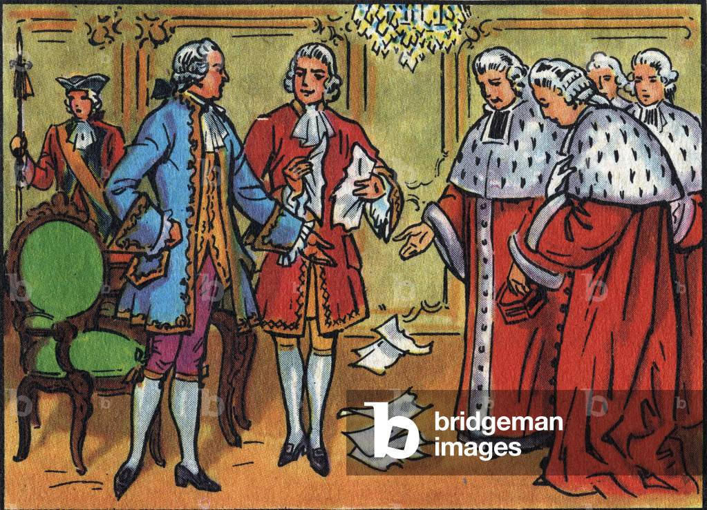 Louis XV, King of France, breaks down the rulings of the parliament. Anonymous illustration in 