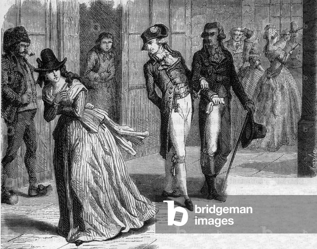 Charlotte Corday at the knife maker Badin, under the arcades of the Palais-Royal in 1793, 1865-66 (engraving)