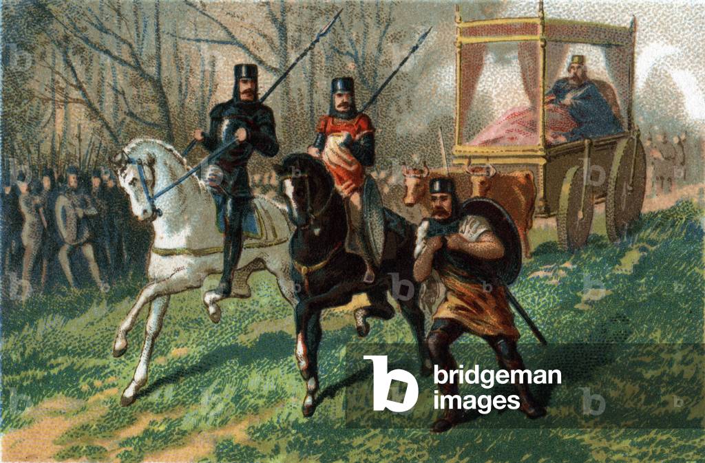 Thierry III says the Faineant king of 673a 691 walks through Paris in his carriage shot by oxen. Chromolithography around 1890.
