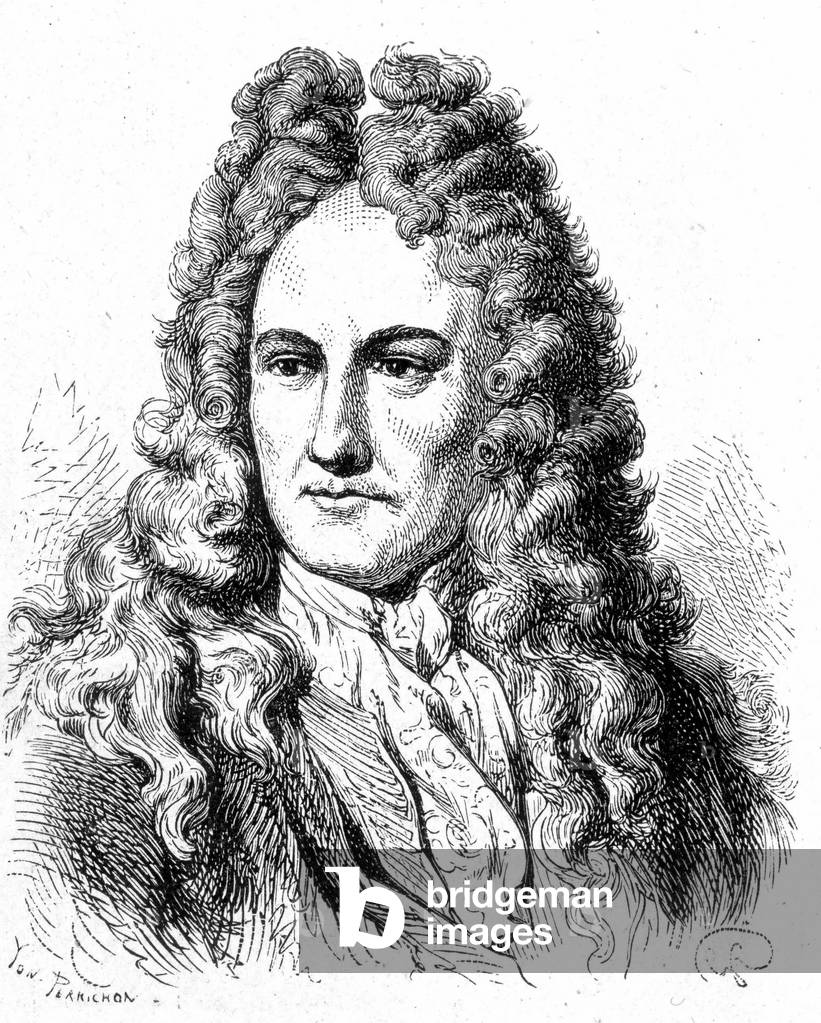 Portrait of Gottfried Wilhelm von Leibniz (1646 - 1716), German philosopher and scholar - in “” Album of Science; illustrious scholars; Great discoveries””” 1896.