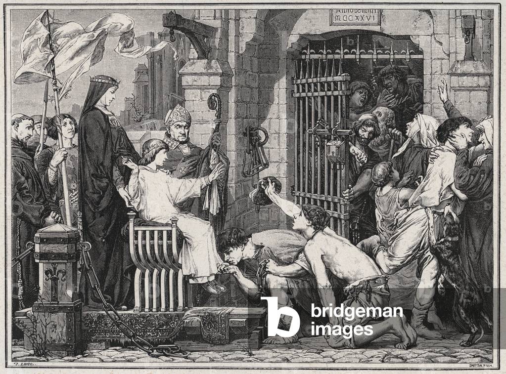 On the occasion of his future (1227), the young Louis IX made prisoners delivate - engraving in “Les Hommes Celebres de la France” by Louis Dumas 1889
