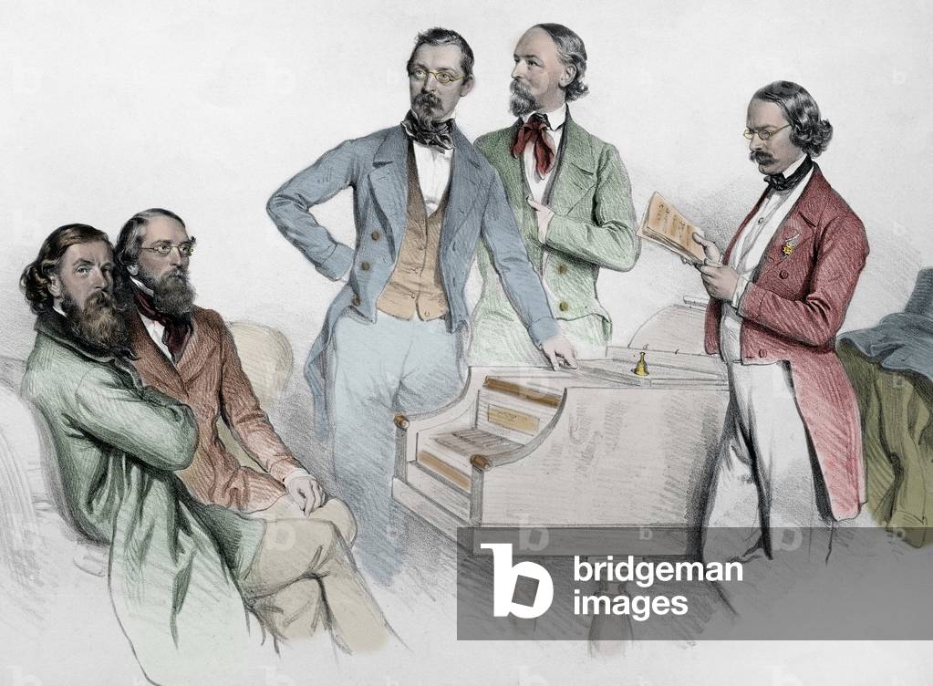 The composer Franz von Suppe surrounds Carl Binder, Anton Storch, Heinrich Proch and Anton Emil Titl - lithography by Josef Kriehuber, 1852