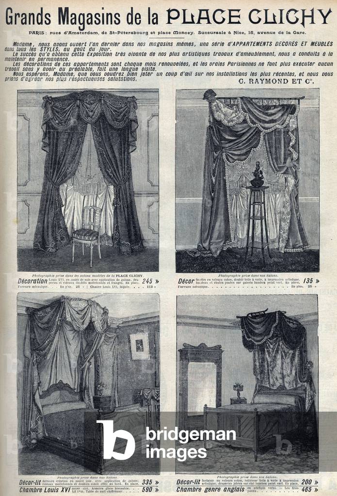 Advertising for furniture and decorations of the department stores of the Place de Clichy in Paris, 1899  (engraving)