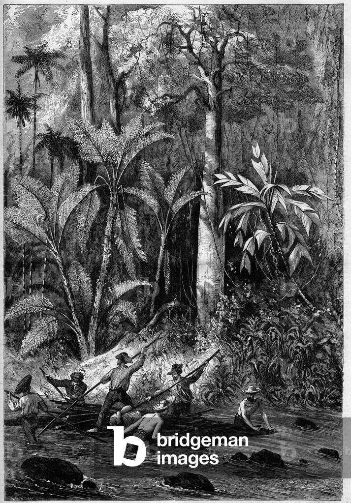 Road development in Central America: Piercing through the Isthmus of Panama. Raft descending the course of the Rama. From a drawing of a Captain Bedford Pim's expedition officer. Engraving in “” The Illustrious Universe””, 1868. Private collection.