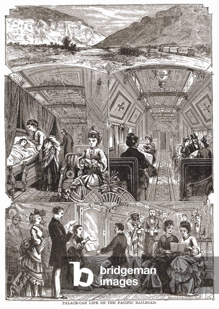 Palace-car life on the Pacific Railroad, engraving sd. 19th century.