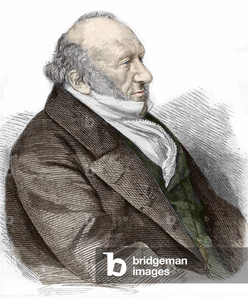 Portrait of Sir Moses Montefiore (1784-1885) English banker and philanthropist, of Italian origin. engraving from 1867.
