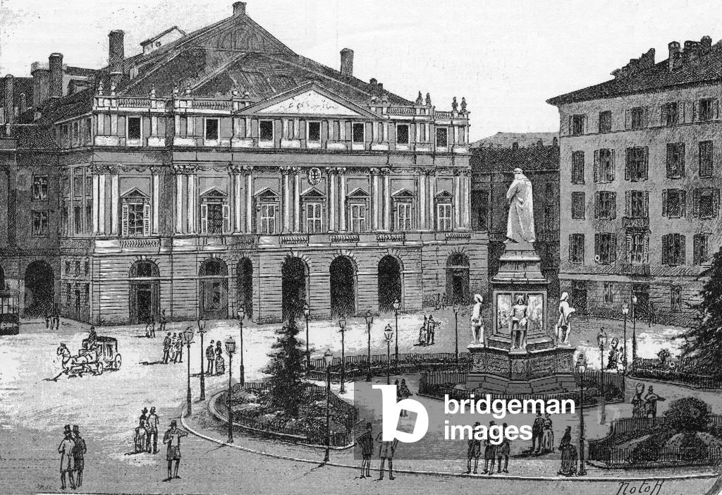 View of the theatre of La Scala in Milan, Italy. (Teatro alla Scala Milano) Engraving in “” The Illustrous World””, 1887. Private collection.