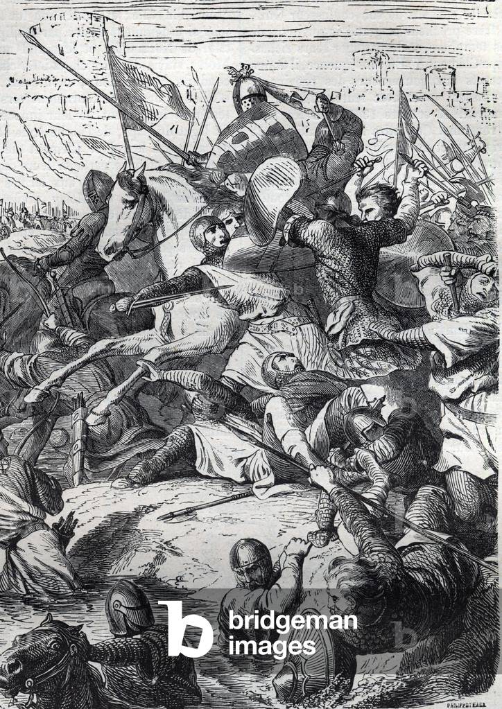 The Battle of Kortrijk (Battle of Golden Spurs) between the King of France and the Flemish Communal Militia on July 11, 1302, near Kortrijk. The Flemish commanded by a weaver and a butcher, defeated the French troops of Philippe Le Bel. Engraving in “” History of the Popes (...) Crimes of the Queen King and Emperors through the centuries” by Maurice Lachatre, 1863.