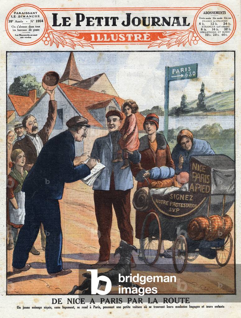 From Nice to Paris by road: a family expelled from their apartment travels on foot to Paris to meet the Minister of Justice, 1928 (print)
