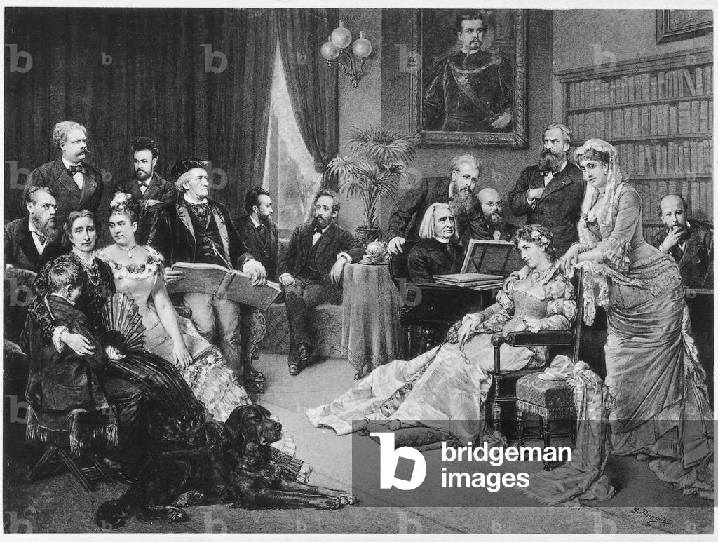 Richard Wagner and Liszt at Bayreuth with Cosima and Siegfried (engraving)