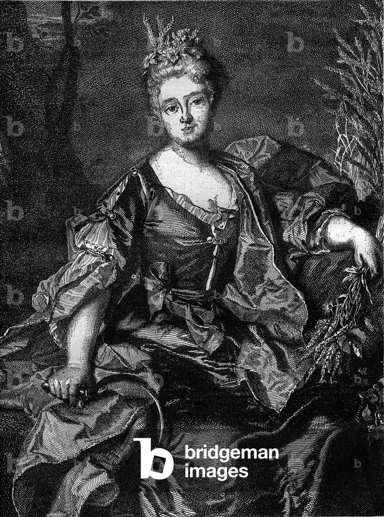 Portrait of Jeanne Becu, Countess (or Madame) of Barry (1743-1793), last mistress of Louis XV, in Ceres, goddess of Agriculture. Engraving in “Histoire de la prostitution et de la debauche dans les peuples du globe depuis l'antiquite à nos jours”” by Dr. Th. -F. Debray. 1879.