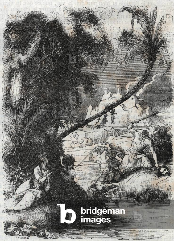 Battle of Griffon and Aquilant against Orrile - engraving of 1851 from “” Furious Roland”” (Orlando furioso) (16th century) by Ludovico Ariosto, known as the Ariosta - Edition translated from Italian by the Count of Tressan and published by Gustave Harvard 1851