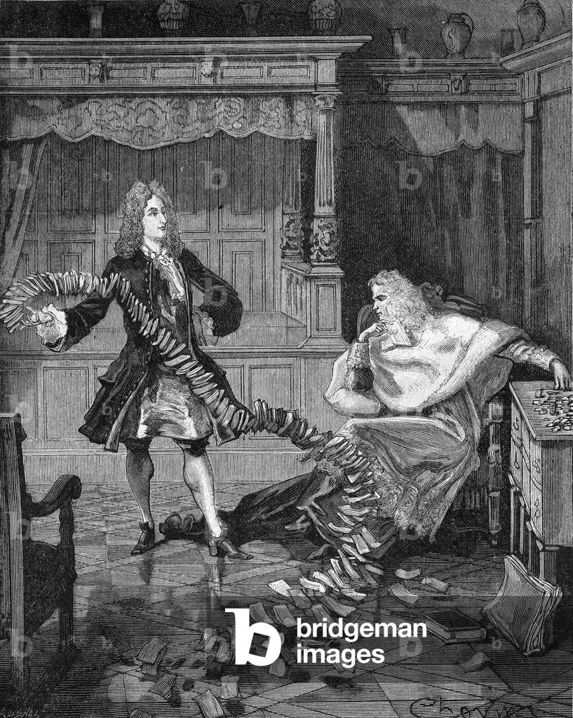 Creation of the General Bank and Paper Money (paper money), 1716: Cardinal Guillaume Dubois (1656-1723) (sitting) concluding an agreement with Scottish banker John Law (1671-1729). Engraving of the 19th century. In “Histoire de France” by Jules Michelet, 1870.