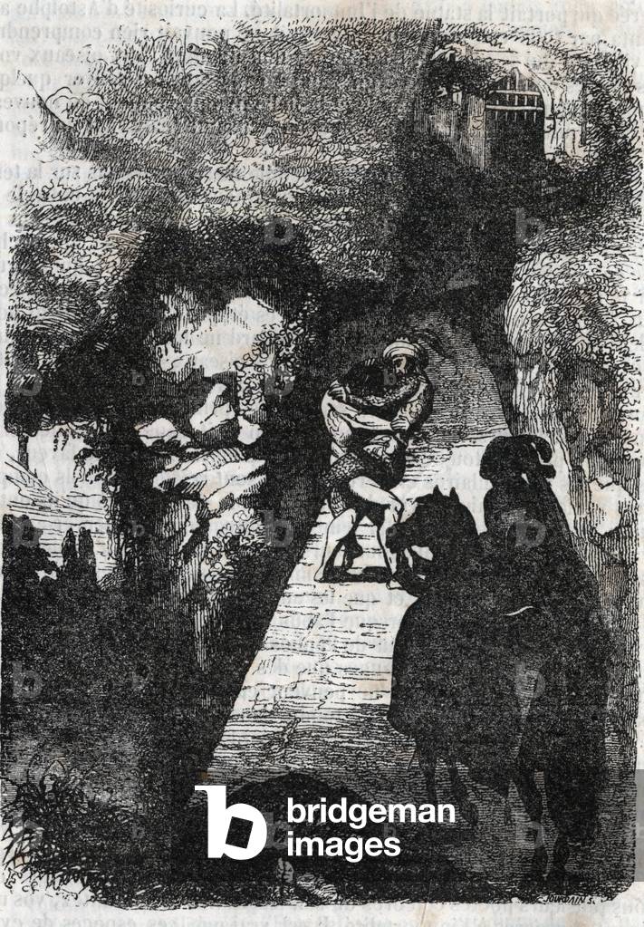Struggle between Roland and Rodomont - engraving of 1851 from “” Furious Roland”” (Orlando furioso) (16th century) by Ludovico Ariosto, known as the Ariosta - Edition translated from Italian by the Count of Tressan and published by Gustave Harvard 1851