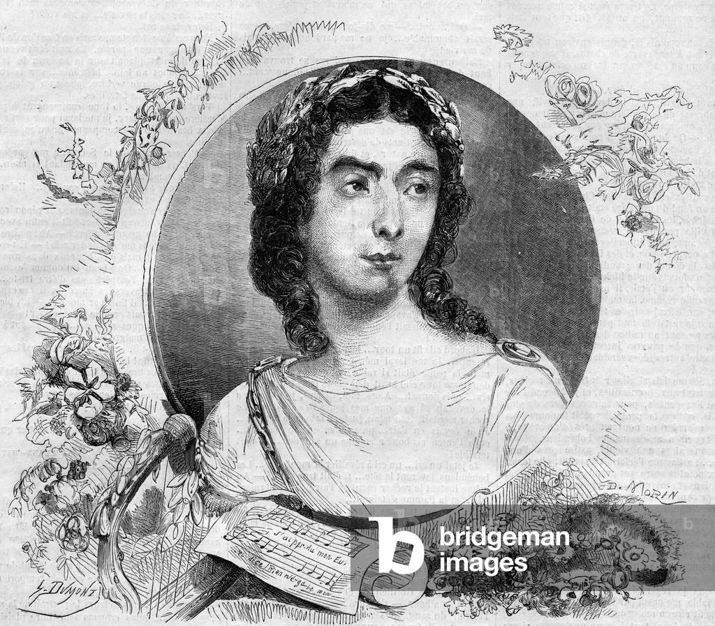 Portrait of Pauline Viardot (1821-1910), French singer, in the opera “” Orphee”” by German composer Cristoph Willibald von Gluck (1714-1787). Engraving in “” Le Monde Illustré”” n°137 of November 26, 1859.