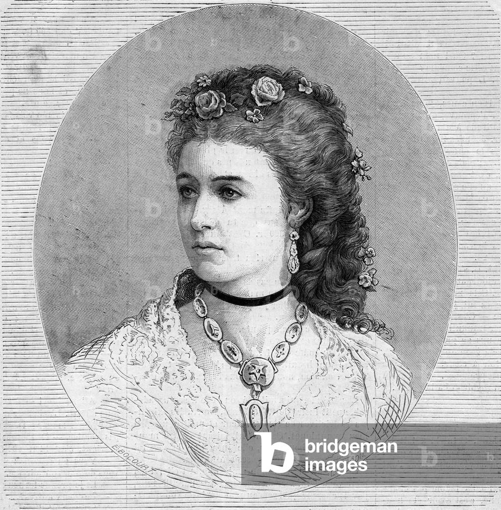 Portrait of Emma Albani (Marie Louise Emma Cecile Lajeunesse dite, 1852-1930), Canadian soprano. Engraving in “” Le Monde Illustré”” n°821 of January 4, 1873.