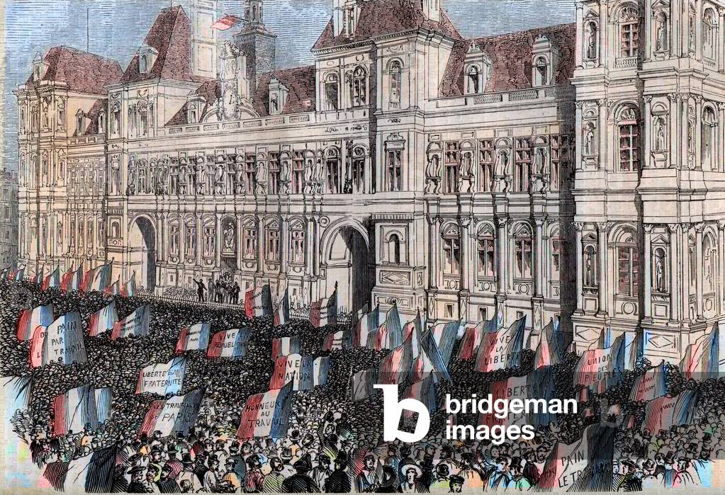 French Provisional Government of 1848: demonstrations of workers in front of the city Hall, Paris (engraving)