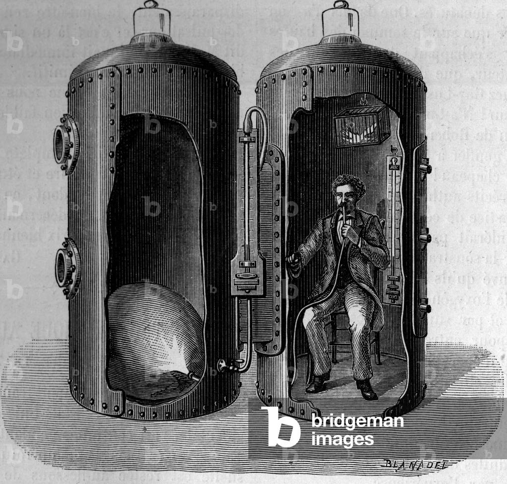 Experience on barometric pressure by the physiologist Paul Bert (1833-1886): breathing of a suroxygenic air, dilates by decreasing pressure. Engraving in “” La Nature: revue des sciences et de leurs applications aux arts et a l'industrie”” of 22 December 1877.