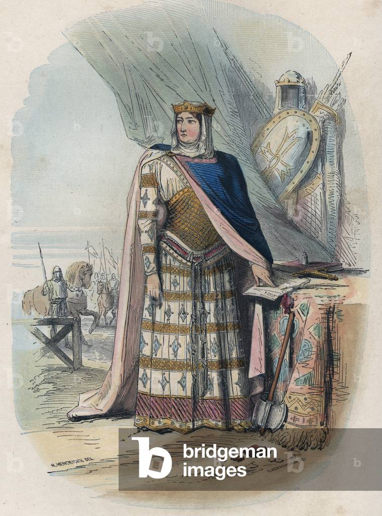 Richilde of the Ardennes (or Richilde of Provence) (ca. 845? 2 June 910, Kingdom of Lower Burgundy) was the second consort of Charles the Bald, King and Emperor of the Franks - Portrait of Richilde d'Ardennes or Richilde de Provence (ca. 845-910) second wife of Charles II the Bald. Engraving from 1868 in “Histoire de Belgique from primitive times to the end of the regne of Leopold I”” by Theodore Juste (1818-1888). Private collection.